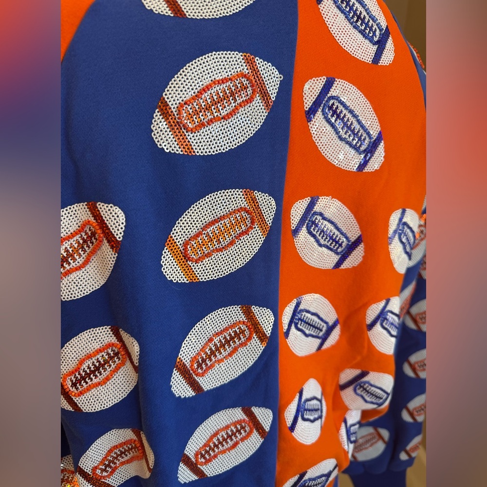 New!QUEEN OF SPARKLES Blue & Orange Sequin Football Sweatshirt & Shorts Set - Picture 6 of 10